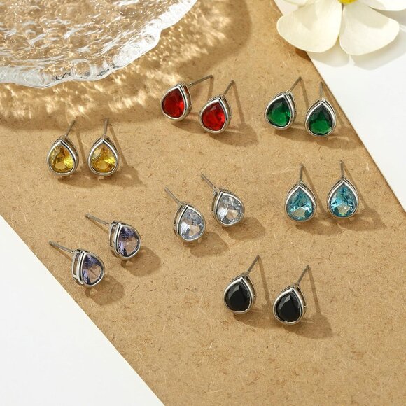 Set of 7 Multicolor Sterling Silver WaterDrop Stud Earrings with AAA CZ for Wome - Picture 2 of 7